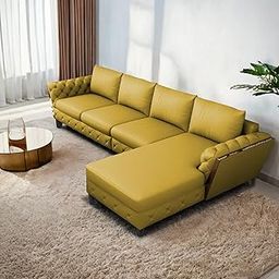 BRAXTON Dennis 6 Seater RHS L Shaped Sofa Set for Living Room (Yellow Fabric) Premium Fabric Sofa Set-image-100