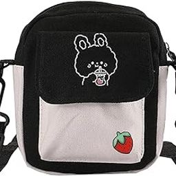 Sling Bag, Korean Style Cute Bags for Girls, Lightweight Shoulder Bag with Zipper, Compact Tote Bag for School, Travel and Daily Use, Black with Strawberry Charm-image-1