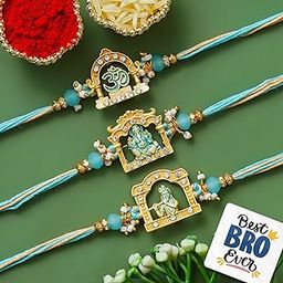 eCraftIndia Set of 3 Om Ganesha Krishna Designer Rakhis | Best Bro Ever Fridge Magnet | Roli Chawal Pack | Rakhi for Brother Bhaiya Bhai Bhabhi Kids-16