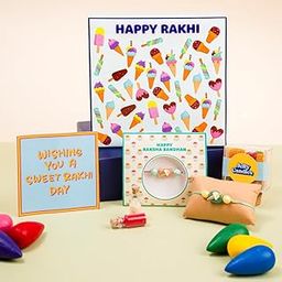 The Zappy Box Ice Cream Rakhi Hamper for Kids & Brothers | Enamel Ice Cream Rakhi, Jelly Candies Box, Kumkum Chawal 2 Bottles & Greeting Card | Fun Raksha Bandhan Gift Box | Qty:1-15