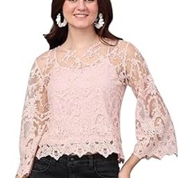Women's Cotton Round Neck Embroidered 3/4th Bell Sleeve Lace Top with Camisole-image-91