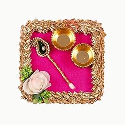 Smaran Decorative Kumkum Box for Pooja and Gifting – 4.30 x 4.30 Inch Elegant Square Design with Soft Pink Fabric, Delicate Rose Flower Accent, and Ornate Golden Frame-image-97