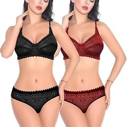 Women Padded Net Bra & Panty Bikini Lingerie for Honeymoon Bridal Underwired Lace Push-Up Bra Panty Lingeries Set- Combo Set-image-4