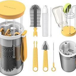 Parssufy Portable Baby Bottle Brush Kit Travel Feeding Bottle Cleaning Set Nursing Bottle Cleaner with Extendable Silicone Bottle Brush/Nipple Brush/Straw Brush/Drying Rack/Soap Dispenser/ (Yellow)-18