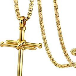 Men Religious Jewelry Stainless Steel/Black Metal/18K Gold Plated 22 Inch Box Rope Chain Nail Cross Pendant/Virgin Mary Medal/St. Benedict/St. Christopher Necklaces for Christmas Birthday-13