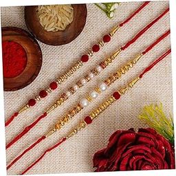 eCraftIndia Red, Golden & White Set of 4 Beads, Pearl, Diamond Designer Rakhis with Roli Chawal Pack - Rakhi for Brother, Bhaiya, Bhai-50