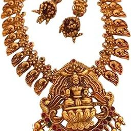 Traditional South Indian Matte Finish Laxmi Design Multi Color Stone Necklace Set with Golden Pearls for Women and Girls-image-63