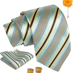 Green Stripped Tie For Men – Formal Ties Set With Pocket Square & Tie Pin Clip For Mens, Silk Neckties Gift Sets For Men’s (AX24_48)-image-59