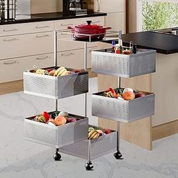 SMARTTEX™ Kitchen Storage Rack | 5-Tier Revolving Vegetable Rack | Square Multipurpose Storage Trolley with Wheels | Metal Fruit Rack (Silver, 5 Layer)-7