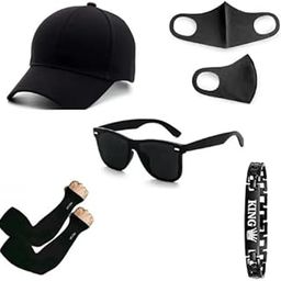 Baseball Cotton Blend Casual Caps|Black Sunglasses|Black Mask|King Bracelet |Arm Sleeves Full Hand Golves Sun Protection for Men's and Women's Combo Pack of 5-image-50