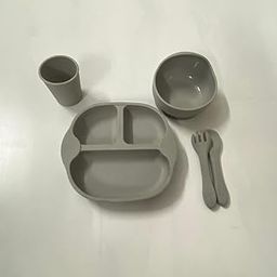 Premium Silicone Baby Feeding Set – 6-Piece Non-Toxic BPA-Free Tableware for Toddlers | Divided Plate, Bowl, Cup with Lid, Spoon & Fork | Microwave & Dishwasher Safe | (Grey)-image-98
