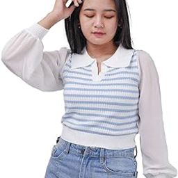Women's Knitted Ribbed Long Sleeve Horizontal Striped Polo Neck Collar Crop Top T-Shirt DN80-image-55