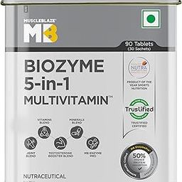 MuscleBlaze Biozyme Daily Multivitamin|5-In-1 Supplement With Vitamins,Minerals,Joint,T-Booster Blend|With Us Patent Published Eafa|For Higher Energy & Improved Performance,1 Count,90 Capsules-18