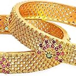 22K Gold Plated Pink Green Stone Studded Bangle-12