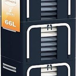 Furnhome Clothes Storage Organizer Bins, Stackable Storage Bins-Foldable Oxford Cloth Steel Frame Storage Box For Clothing With Clear Window & Reinforced Handles (Navy, 66L,3Pcs), Fabric-18