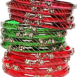 Red Green Mehrun Color Glass Bangles for Women/Raindrop Bangles/Transparent Traditional Glass Bangles | Golden stonework/Crystal bangles (12Pcs)(SKU269)-31