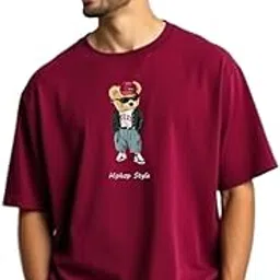 urgear Men Oversized Printed Round Neck Cotton Blend Burgundy Colour T-Shirt-picture-1