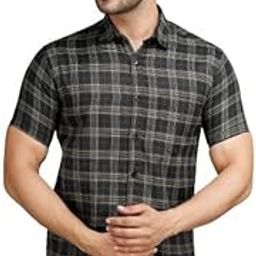 Men Cotton Checkered Black Slim Fit Shirt-image-81