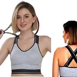 Women's Non-Padded Everyday Sports Bra | Pack of 2 | Cross-Back, Wire-Free, Grey Cotton Bras with Black Straps-35