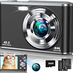 4K Digital Camera, 48MP Autofocus Kids Camera Selfie with Front and Rear Dual Lenses, 32GB Card, 2 Batteries, 16X Digital Zoom, Compact Travel Vlogging Video Camera Gift for Kid Teen Beginner(Black)-5