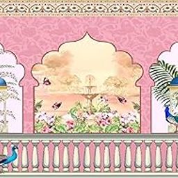 Backdropon Peacock with Decortion Background Design Backdrop Cloth for Pooja Decoration Traditional Background Curtain Cloth for Festival Size 5 Feet Height and 8 Feet Width(5 * 8)-image-101