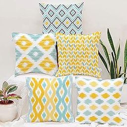 STITCHNEST Ikat Yellow Teal Printed Poly Cotton Cushion Covers, Yellowteal Combo Set of 5 (16 x 16 Inches)-9