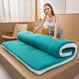 MAXYOYO Twin Bed Mattress Japanese Floor Futon Mattress, Twin Tatami Pad Camping Floor Bed Topper, Easy to Foldable and Portable, Turquoise Futon Single Mat-image-5