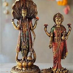 Bhakti Samagri Lord Vishnu & Goddess Lakshmi Idols | Standing Hindu God & Goddess Murti for Puja, Home Temple & Gifting | Antique/Copper Finish Decorative Idol Set-image-65