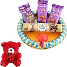 SFU E Com Dairy Milk Silk, Rocher Gift Hamper | Valentine Teddy Bear With Chocolate Combo | Valentine Chocolate Hamper | 567-54