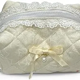 milleniums club Amora - Ivory Edition Jacquard Pouch | Lace, Ribbon and Pearl Charm | Handmade 100% Cotton Makeup Bag with Satin Ribbon | Aesthetic Cosmetic Travel Pouch for Women-picture-38