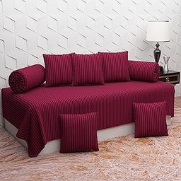 Microfiber Solid & Striped 8 Pieces Diwan Set with Single bedsheet, 5 Cushions Covers and 2 Bolster Covers (Dark Wine)-image-10