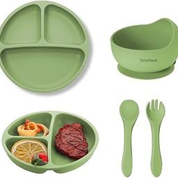 Tony Stark Feeding Set, Silicone Tableware Kit for Baby, Bowl, Fork, Spoon & Suction Plates (Green)-image-94