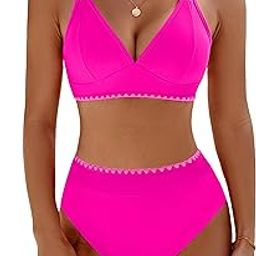 Women's Bikini Sets V Neck High Waisted Swimsuits Shell Stitched Cheeky Two Piece Bathing Suit-image-49