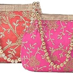 Kuber Industries Pack of 2 Potli Bags for Ladies & Girls | Women Shagun Pouches for Festive Seasons | Bridal Purse | Moti Embroidery- Red & Pink-24