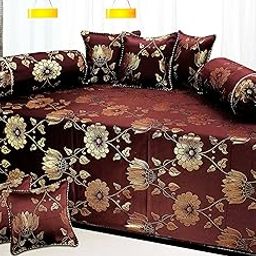 Milan Polycotton and Silk Floral Diwan Set, Dark Brown and Gold , 8 Piece-image-41