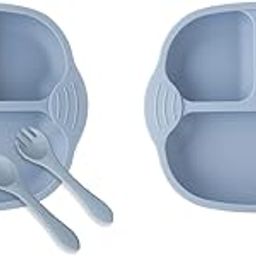 SNOWIE SOFT® Baby Suction Plates for Feeding with 4 Strong Cups Silicone Toddler with Spoon Fork Kids to Feed Themselves Dish Washer Micro-Wave Oven Safe Solid 2PCS-12