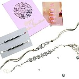 Round Kundan Rakhi and Lumba/Sister Rakhi and Nazariya/Mangalsutra Dhaaga Combo - Set of 4 (White)-image-57