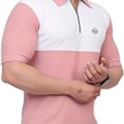 Half-Sleeve Polo T-Shirt, Pink and White Colour Block Design, Quarter-Zip Collar-image-15