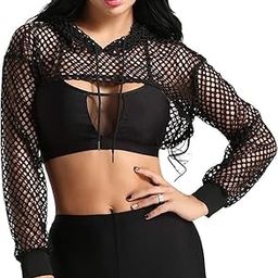 Stylish Women Full Sleeve Casual Fishnet Crop Hoodie (X-Large, Black)-image-97