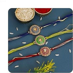 Blue, Green & Red Set of 3 Meenakari Designer Rakhis with Roli Chawal Pack - Rakhi for Brother, Bhaiya, Bhai-image-19