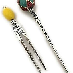 Hand crafted Oxodise Metal bun stick & U- type Bun stick with pearl (Pack of 2, Multicolor)-image-0
