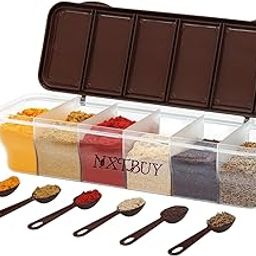 NXTBUY Multipurpose 6-in-1 Masala Box for Kitchen| Airtight BPA-Free Plastic 6 Section Storage Container with 6 Spoons, 1800 ml Transparent Pickle Box for Spices| Dry Fruits, Snacks Pack Of 1 (Brown)-11