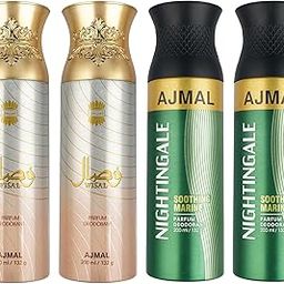 AJMAL 2 Wisal For Women And 2 Nightingale For Men & Women Woody Spray Deodorants Each 200Ml Combo Pack Of 4 (Total 800Ml), 4 Count-30
