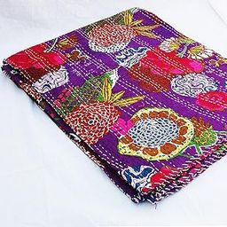 Jaipuri Quilt Handmade Bed Cover Cotton Kantha Blanket Throw Home Decor Bedspread Bedsheet, Twin Size, Multicolour (90 X 108 Inches (Queen Size), Purple)-image-63
