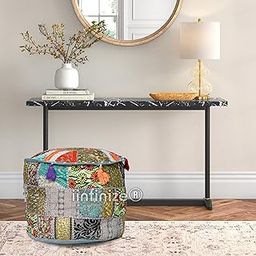 Ottoman Patchwork Pouf Cover Round Decorative Embroidered Pouffe Vintage Cover Grey Cotton Floral Traditional Furniture Side Table Puff Cover (12x12x12 Inch)-image-89
