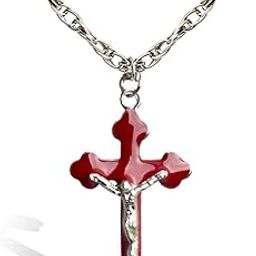Silver Plated Christ Crucifix Holy Cross Cross Christian Trendy Fashion Pendant Xmas Gift Religious Chain Pendant Locket Necklace Spiritual Jewellery for Men/Women (Red)-image-122