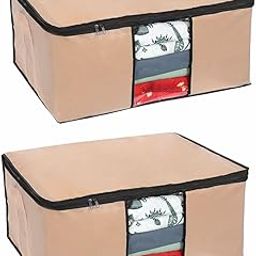 Pretty Krafts Pack of 2 Non Woven Moisture Proof Underbed Cloth Storage Organizer with Zipper Lock & Handles | Wardrobe Organizer for Cloth Saree Quilt Blanket Toy Storage Bag (62x45x30cm, Beige)-18