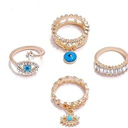 4pcs/ Bohemian Blue Evil Eye Crystal Pavé Ring Set for Women Alloy Cubic Zirconia Gold Plated Ring Set-picture-9