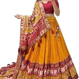 Readymade Women's,S Tussar Silk With Leheriya And Foil Print Lehenga Choli Set (Yellow)-image-97