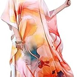 Label Aarna Soft Satin Kaftan with Digital Print and Hidden Adjustable Belt | Free Size [M-3XL] | Maxi Dress | Vacation Wear | Kaftan Dress for Women-image-0
